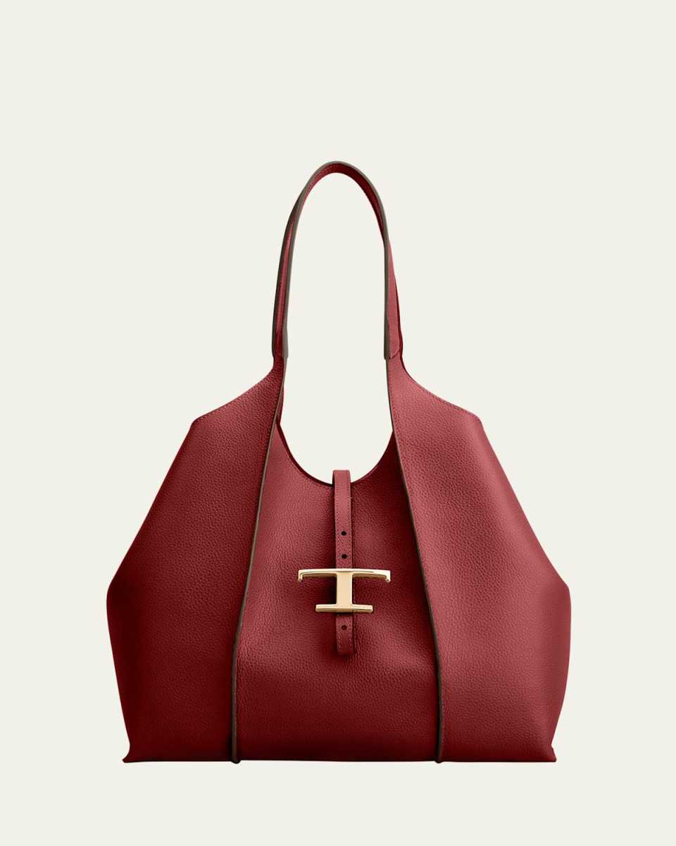 Ribbed Grain Leather Shopper Tote Bag